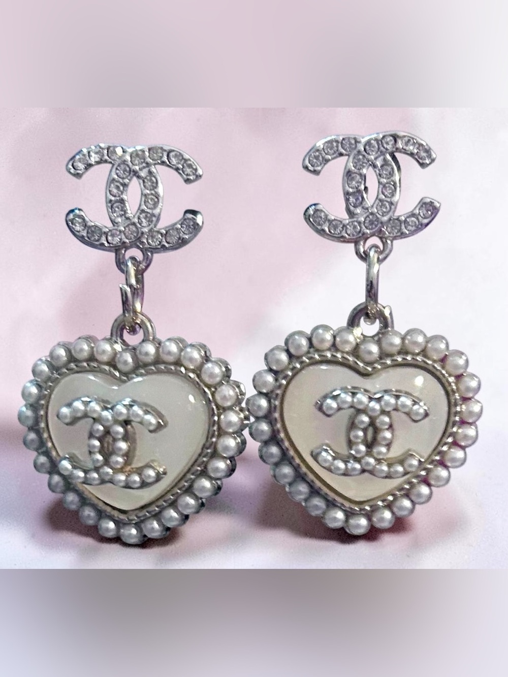 Luxe-inspired Silver Pearl Heart Drop Earrings - White Enamel